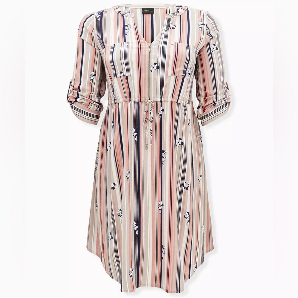 Disney Minnie Mouse Stripe Challis Zip Front Drawstring Shirt Dress from Torrid.